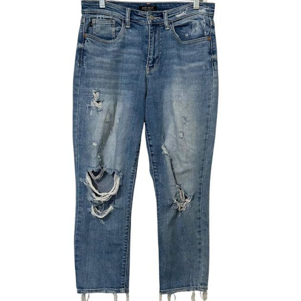 Judy Blue Straight Fit Mid Wash Distressed Ripped Stretch Jeans‎ Womens 9 / 29